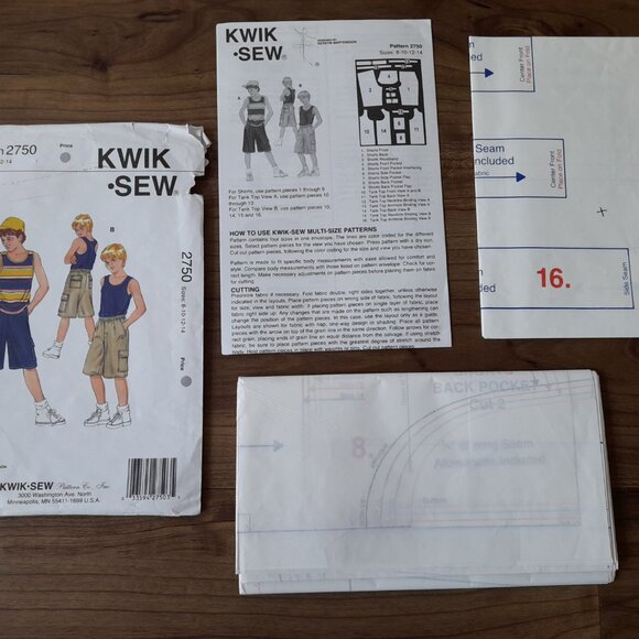 Boys Tank Top & Cargo Shorts Sewing Pattern Sizes 8-14 Kwik Sew 2750 UNCUT - Picture 7 of 8